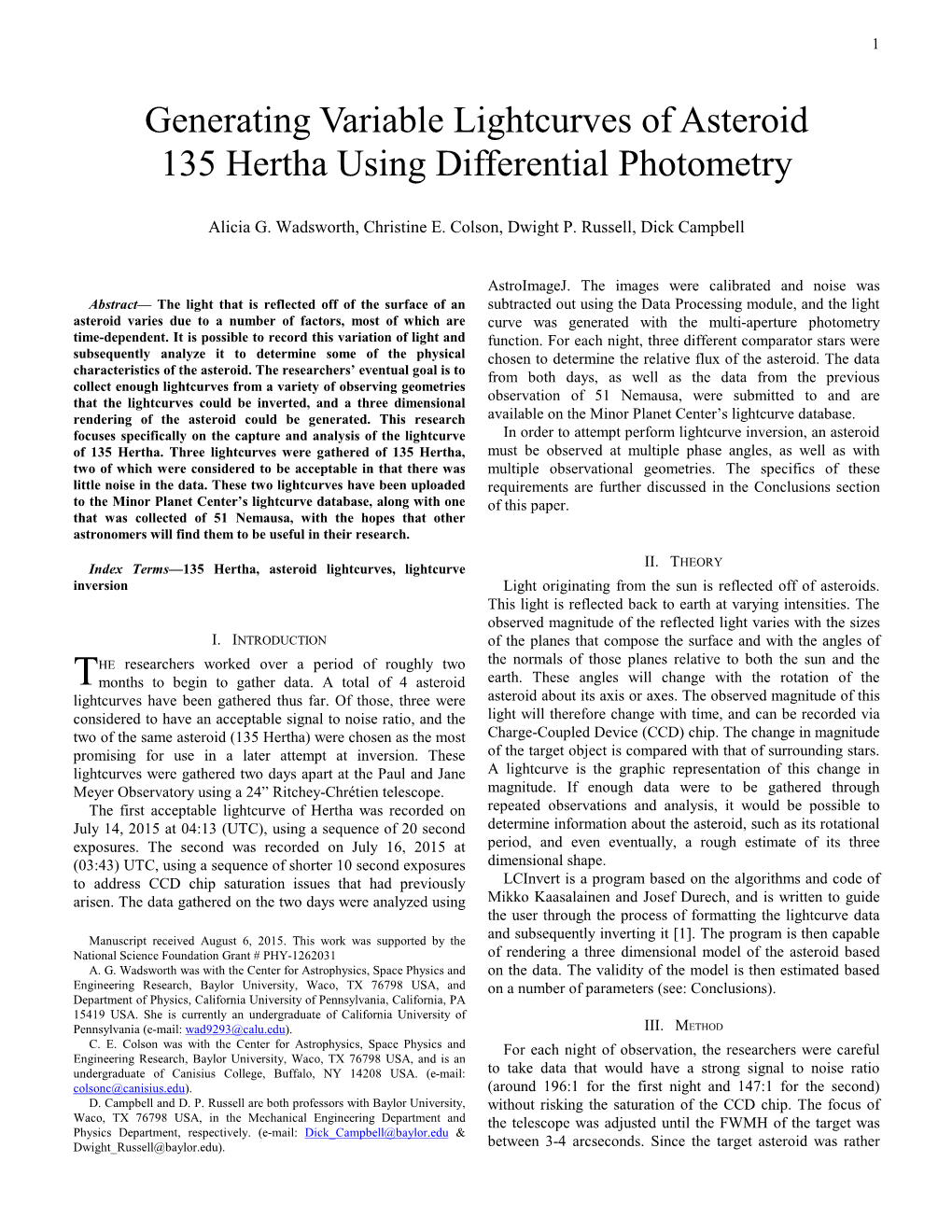 Generating Variable Lightcurves of Asteroid 135 Hertha Using Differential Photometry