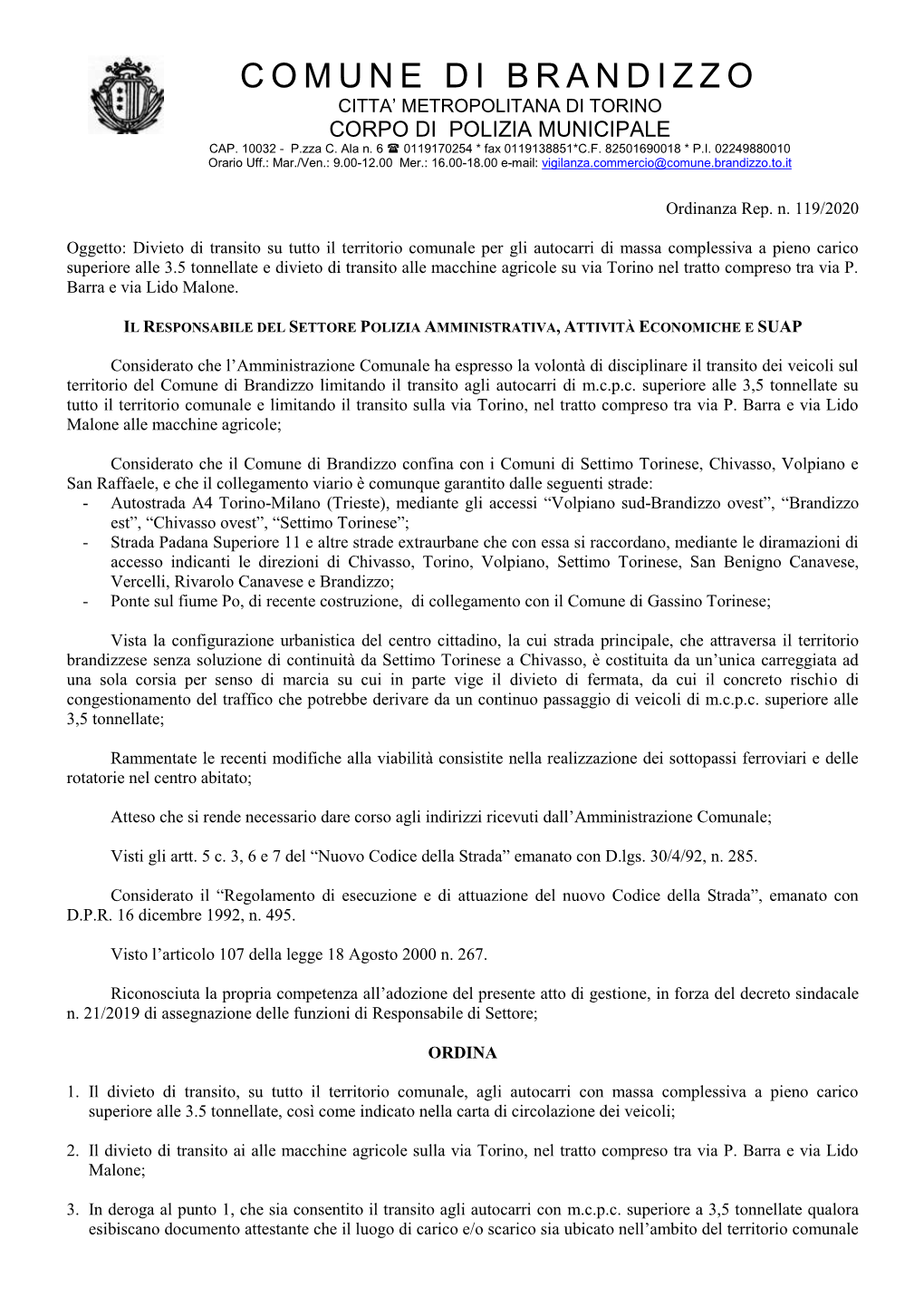 Ordinanza Divieto Transito Autocarri E Macchine Agricole