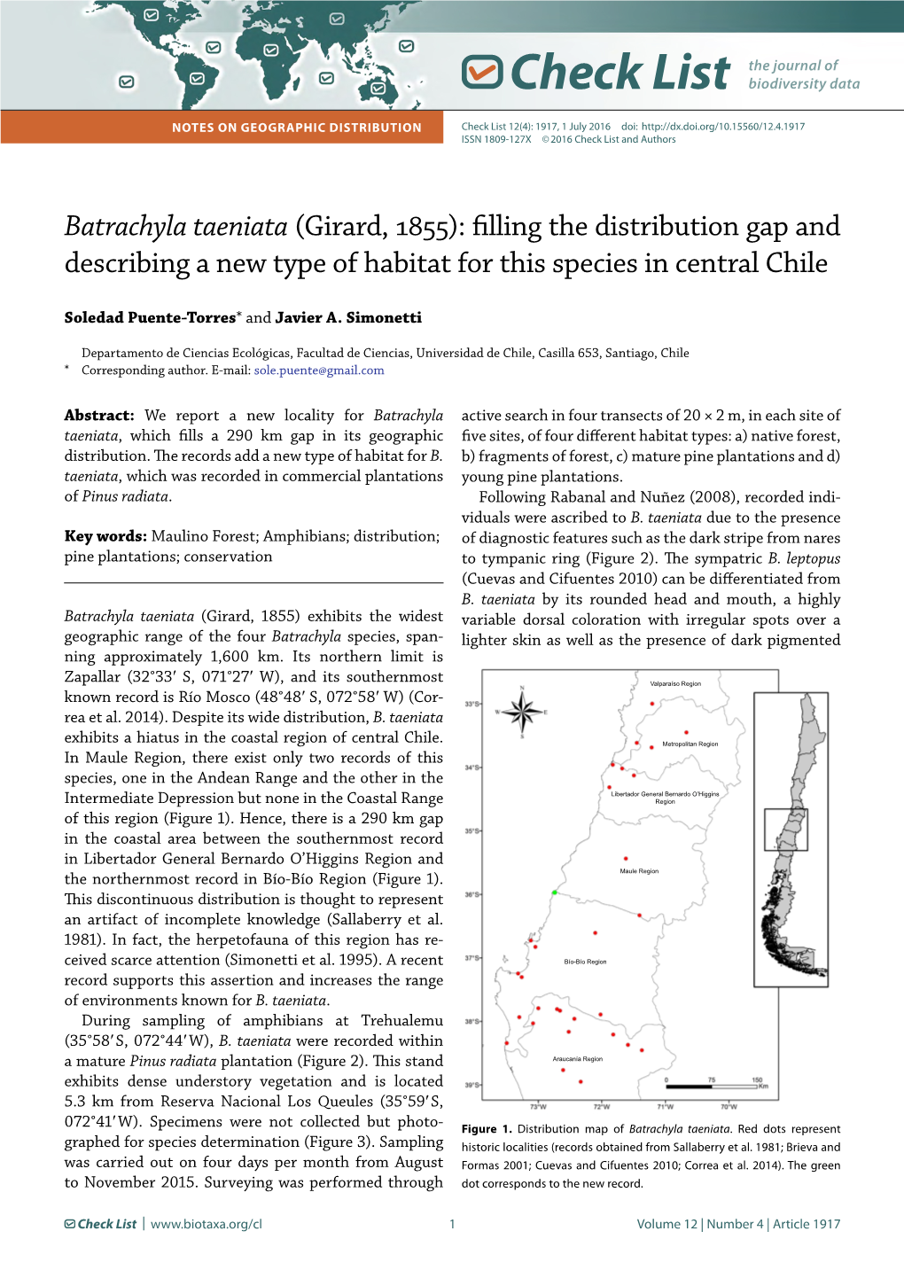 Batrachyla Taeniata (Girard, 1855): Filling the Distribution Gap and Describing a New Type of Habitat for This Species in Central Chile