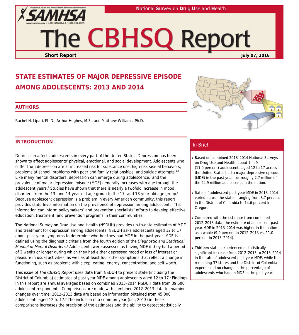 State Estimates of Major Depressive Episode Among Adolescents: 2013 and 2014 National Survey on Drug Use and Health