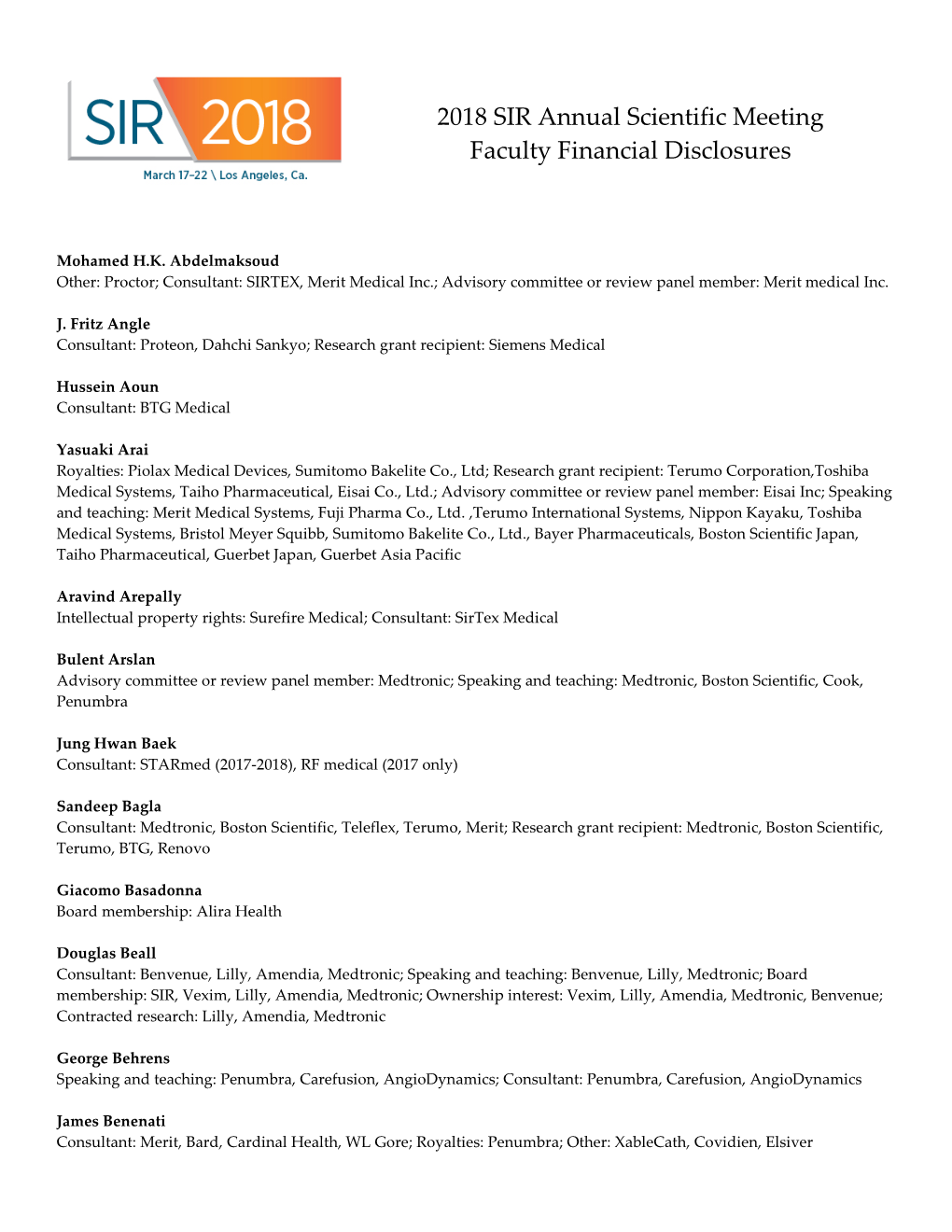 2018 SIR Annual Scientific Meeting Faculty Financial Disclosures