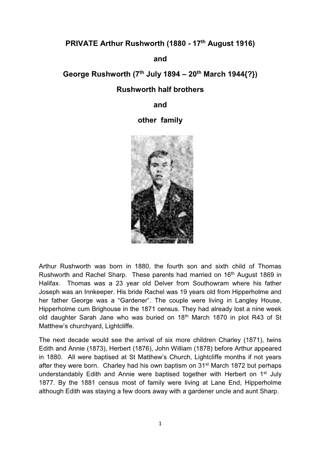 PRIVATE Arthur Rushworth (1880 - 17Th August 1916)