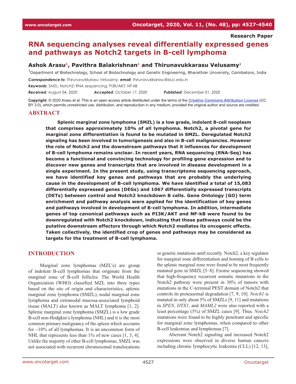 RNA Sequencing Analyses Reveal Differentially Expressed Genes and Pathways As Notch2 Targets in B-Cell Lymphoma