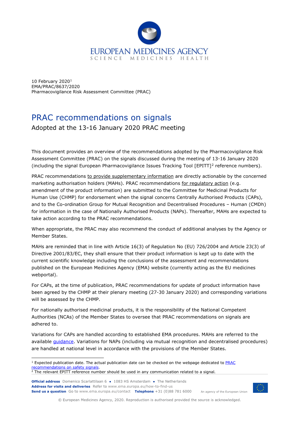 PRAC Recommendations on Signals Adopted at the 13-16 January 2020 PRAC En