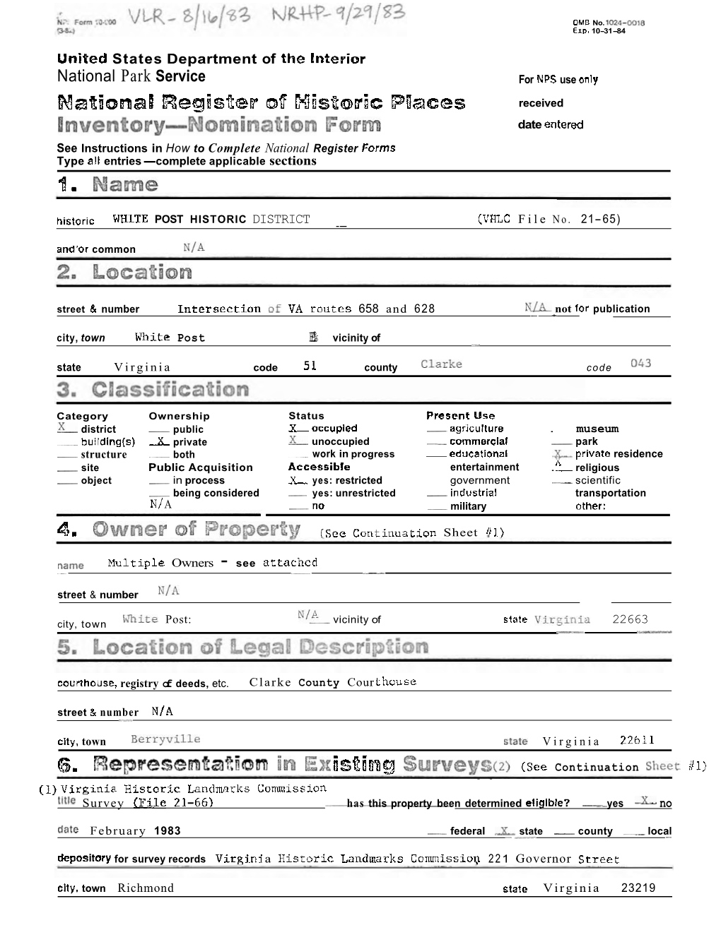 Nomination Form WHITE POST HISTORIC DISTRICT, CLARKE COUNTY, VA Cont~Nuat~Onsheet 112 Item Number 7 Page 1