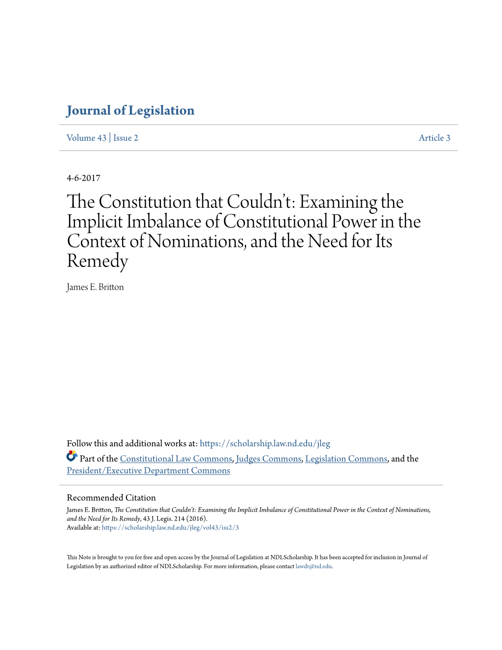 Examining the Implicit Imbalance of Constitutional Power in the Context of Nominations, and the Need for Its Remedy James E