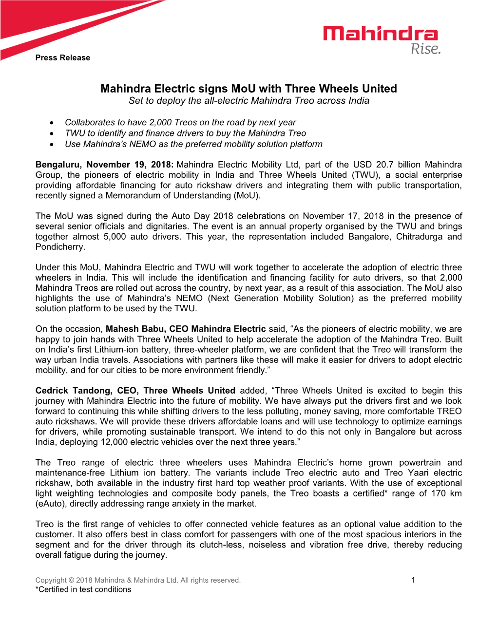 Mahindra Electric Signs Mou with Three Wheels United Set to Deploy the All-Electric Mahindra Treo Across India