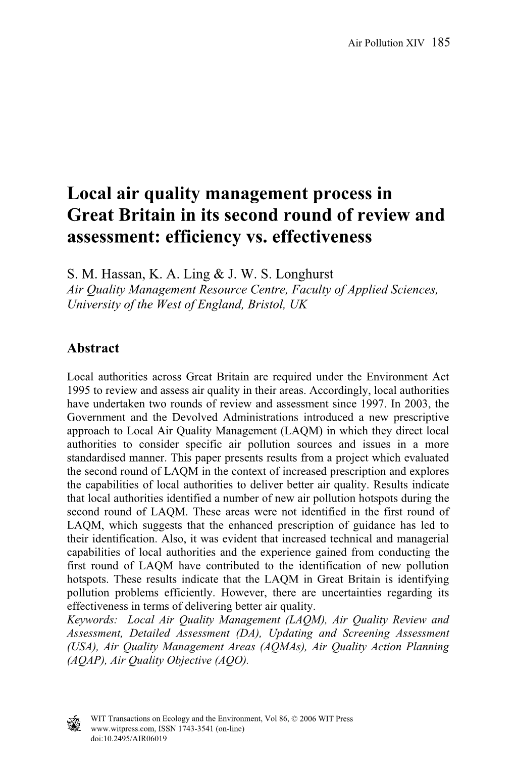 Local Air Quality Management Process in Great Britain in Its Second Round of Review and Assessment: Efficiency Vs