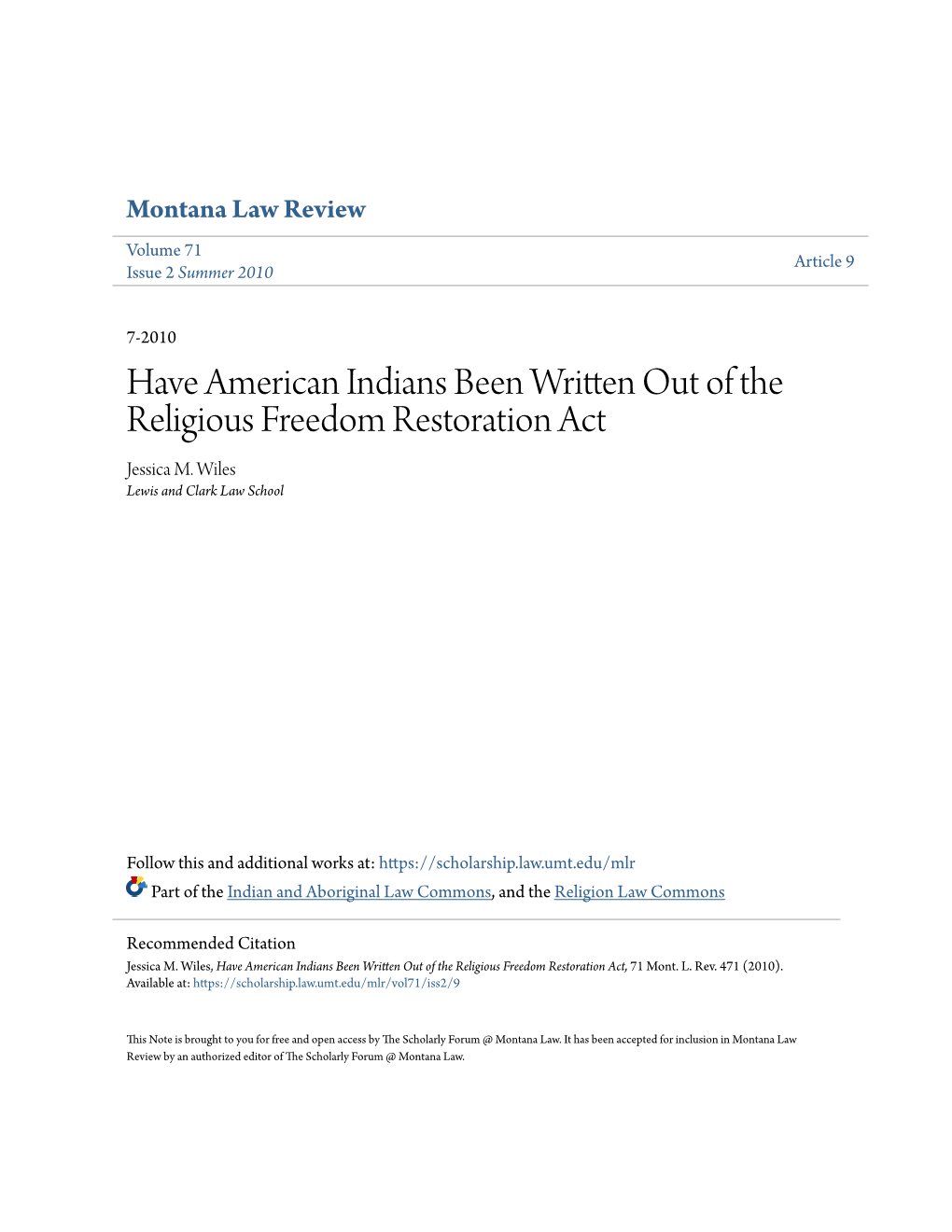 Have American Indians Been Written out of the Religious Freedom Restoration Act Jessica M