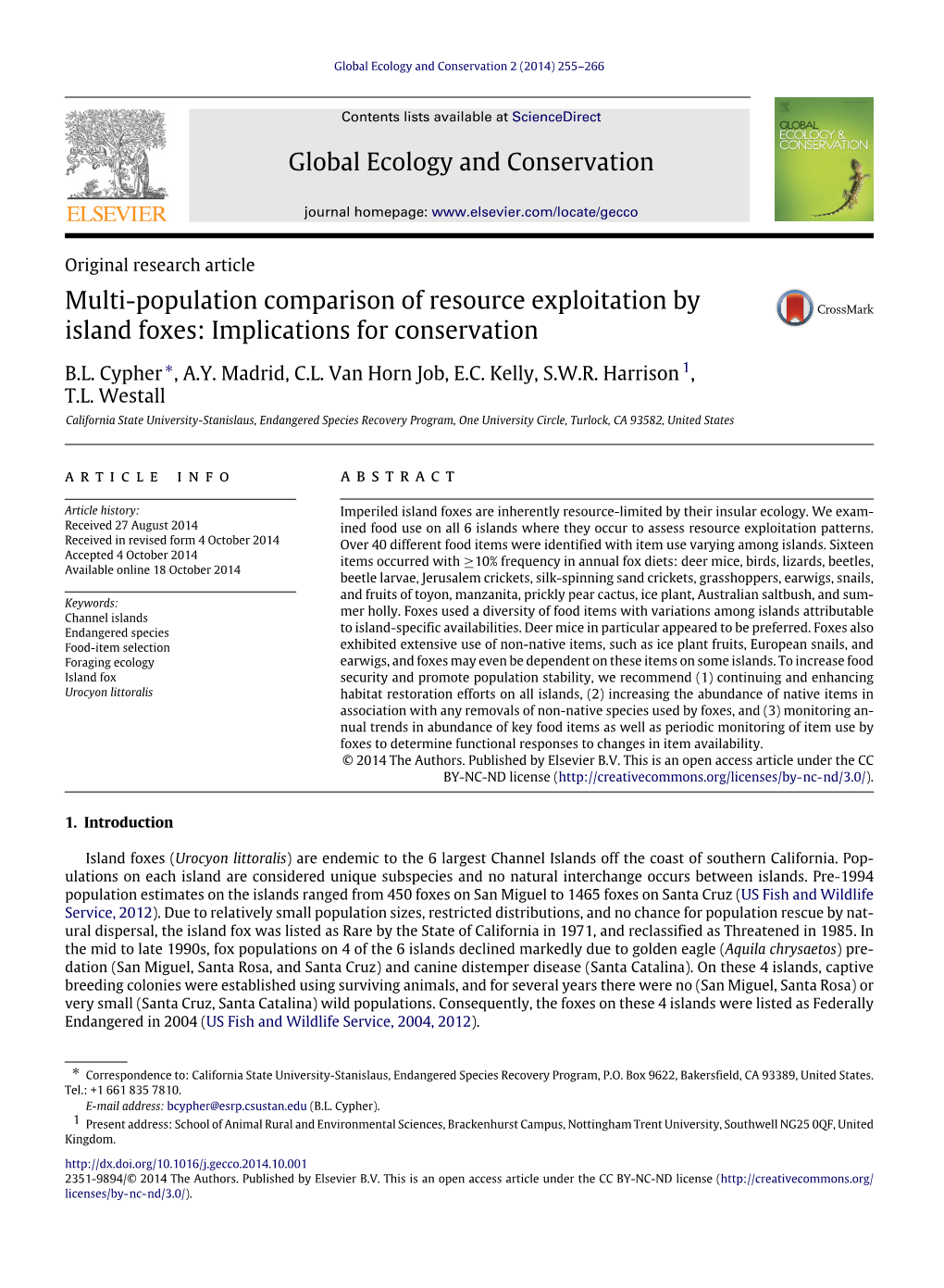 B. Cypher, Et Al, "Multi-Population Comparison of Resource Exploitation by Island Foxes: Implications for Conservation