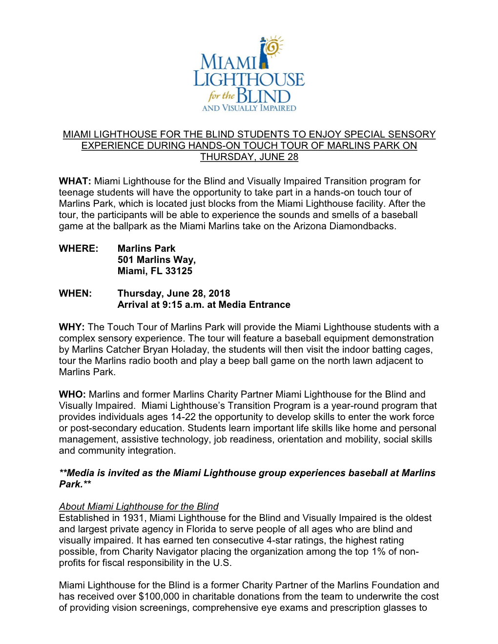 Miami Lighthouse for the Blind Students to Enjoy Special Sensory Experience During Hands-On Touch Tour of Marlins Park on Thursday, June 28