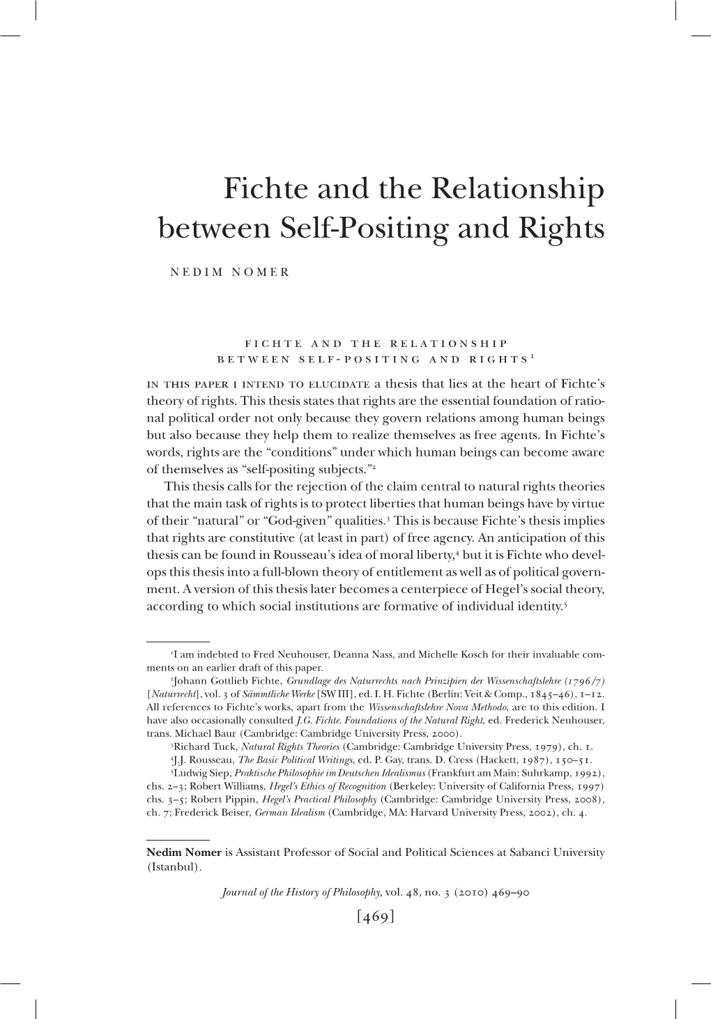 Fichte and the Relationship Between Self-Positing and Rights