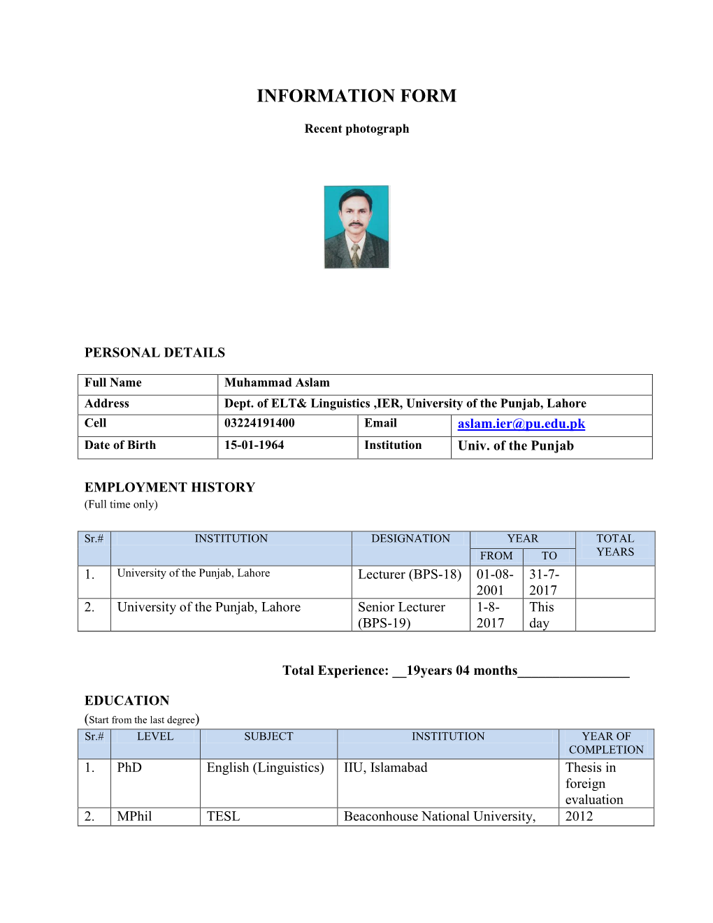 CV of Mr. Muhammad Aslam