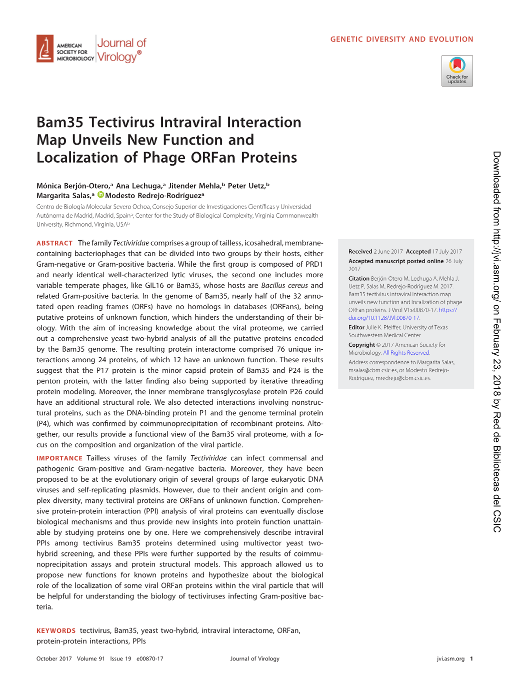 Bam35 Tectivirus Intraviral Interaction Map Unveils New Function and Localization of Phage Orfan Proteins Downloaded From
