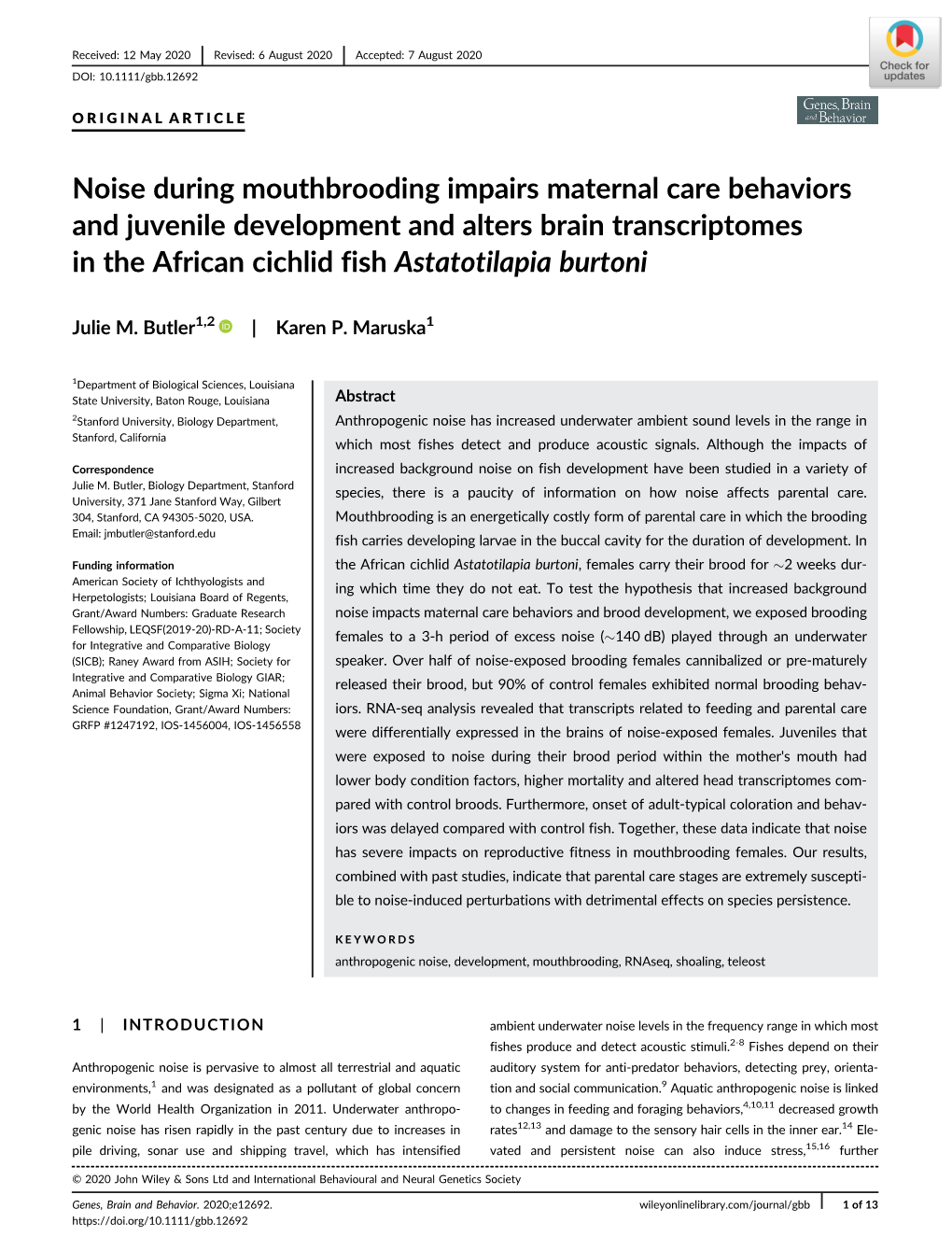 Noise During Mouthbrooding Impairs Maternal Care Behaviors and Juvenile Development and Alters Brain Transcriptomes in the African Cichlid Fish Astatotilapia Burtoni