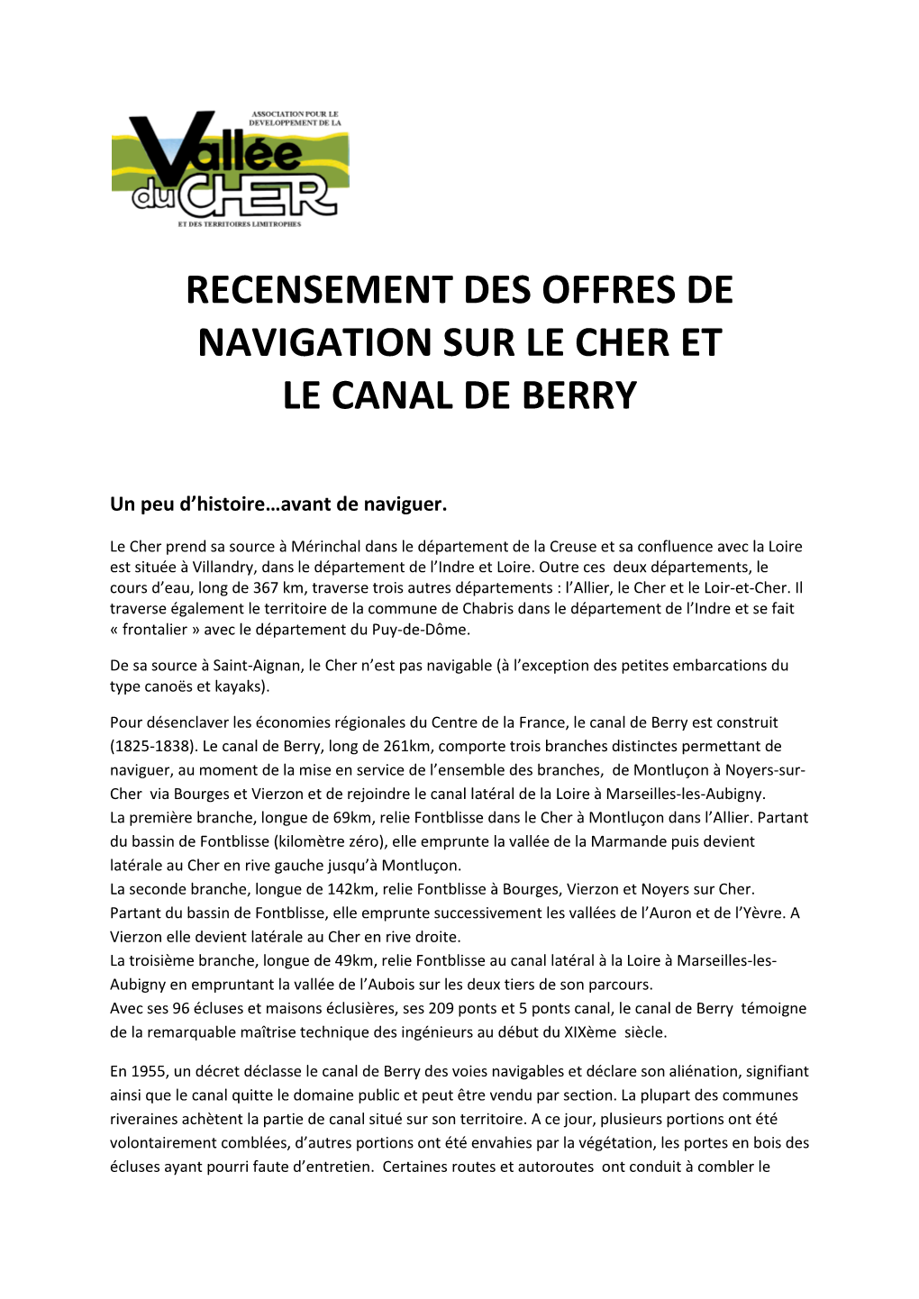 Recensement Des Offres De Navigation Sur Le Cher Et Le Canal De Berry