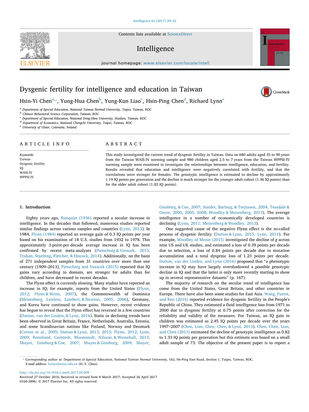 Dysgenic Fertility for Intelligence and Education in Taiwan