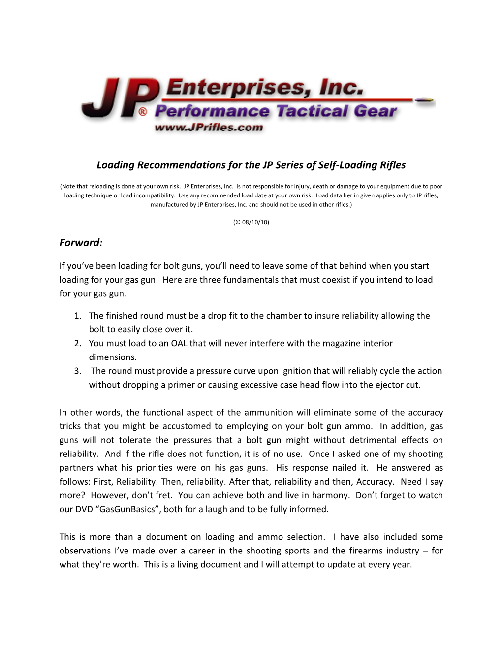 Loading Recommendations for the JP Series of Self-Loading Rifles Forward