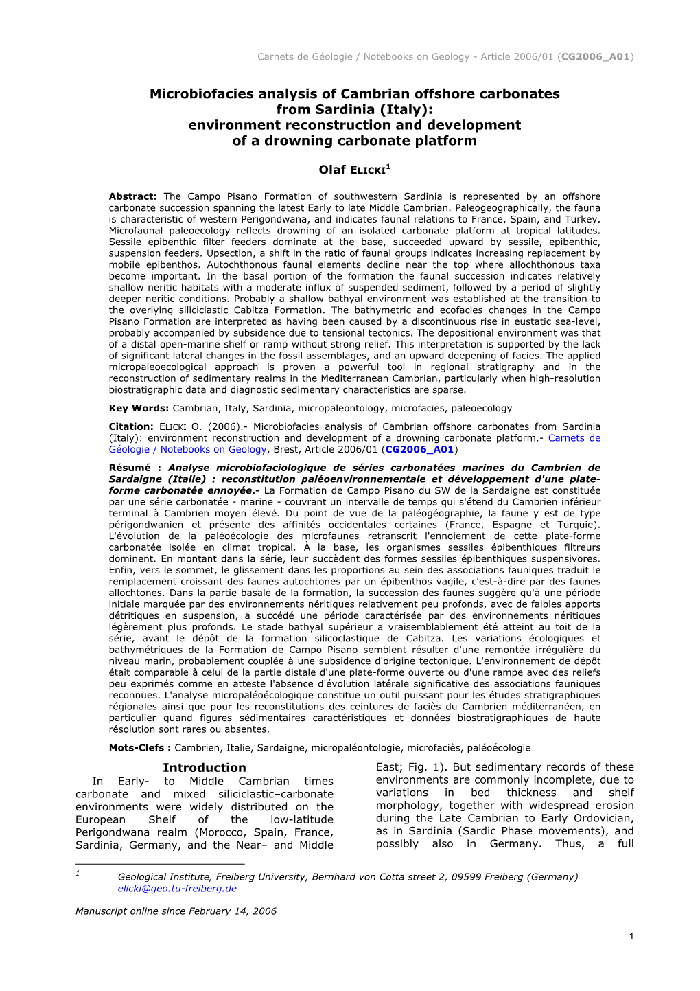 Microbiofacies Analysis of Cambrian Offshore Carbonates from Sardinia (Italy): Environment Reconstruction and Development of a Drowning Carbonate Platform