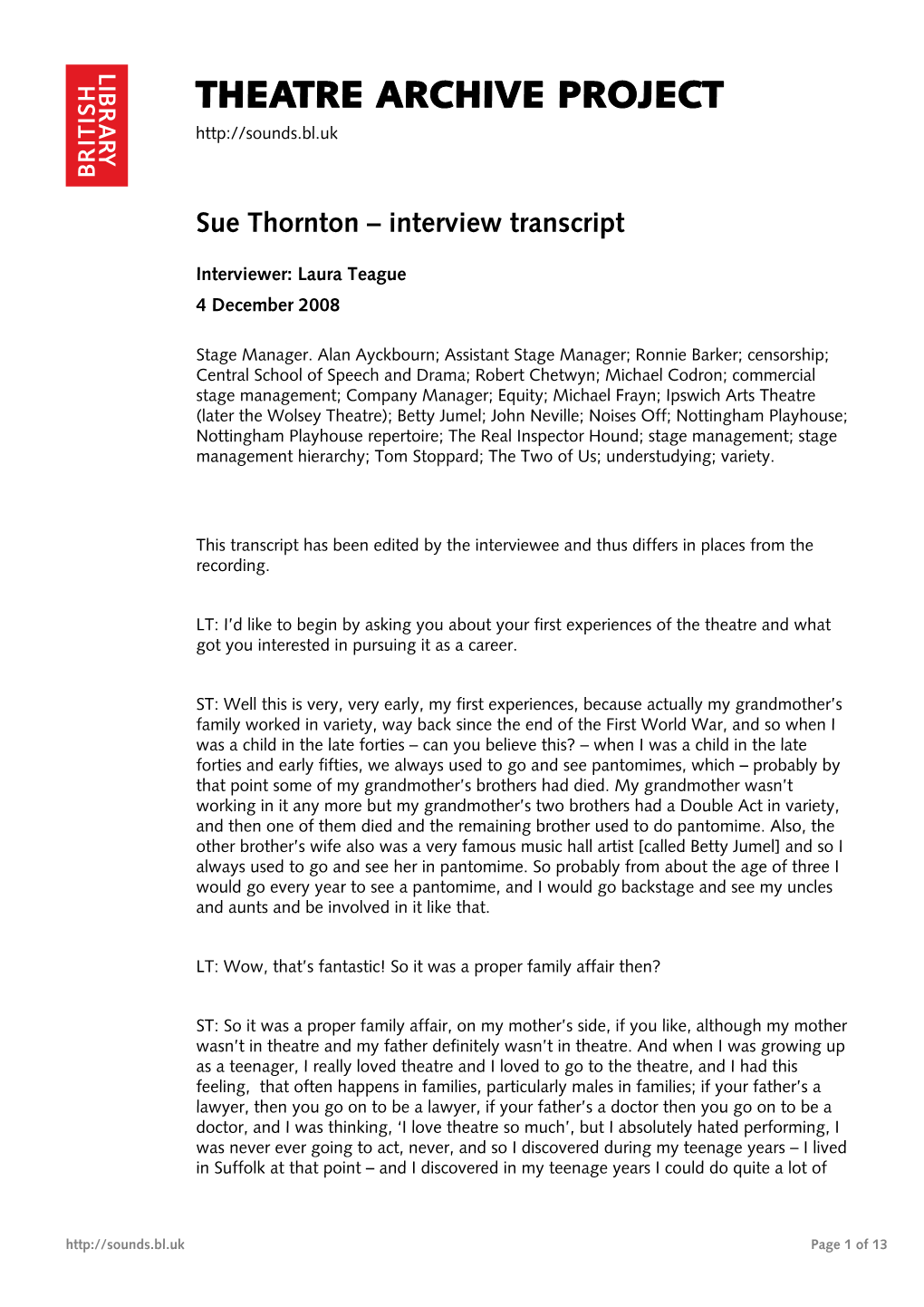 Theatre Archive Project: Interview with Sue Thornton