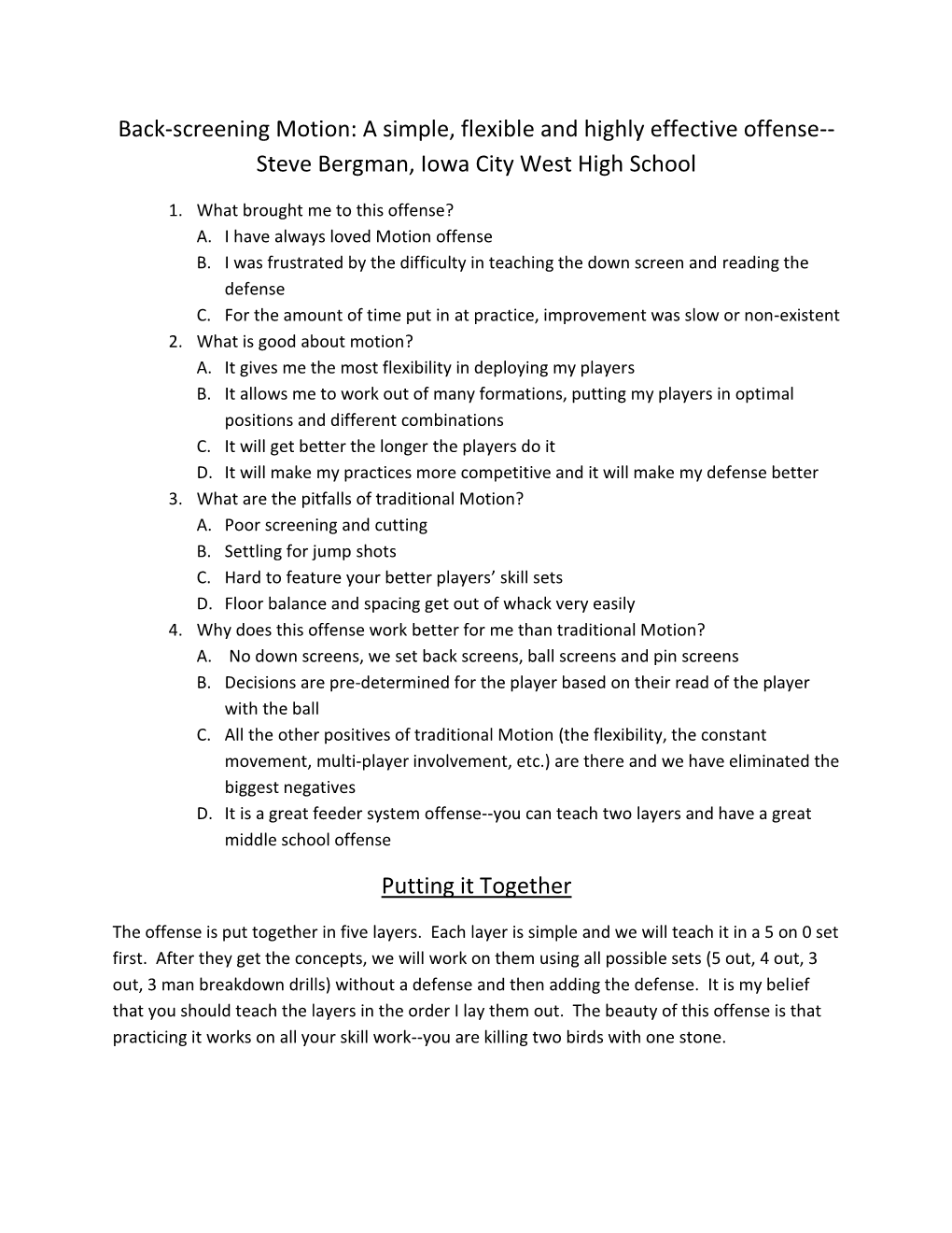 Back-Screening Motion: a Simple, Flexible and Highly Effective Offense-- Steve Bergman, Iowa City West High School