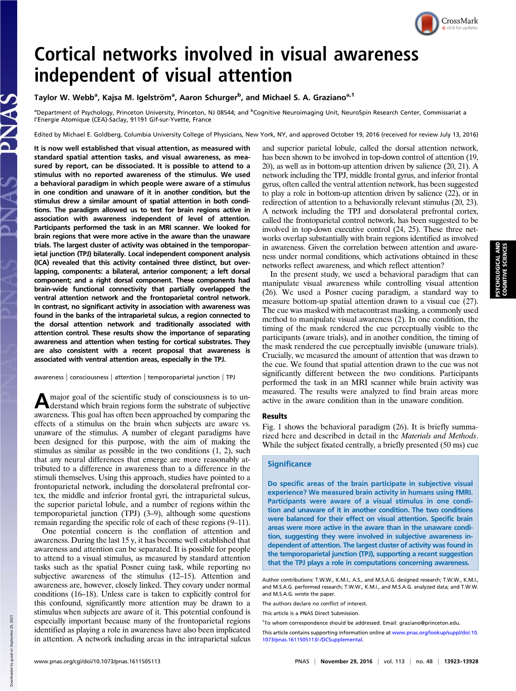 Cortical Networks Involved in Visual Awareness Independent of Visual Attention