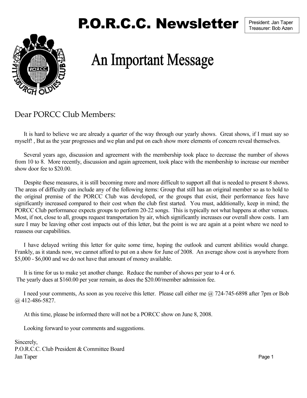 Dear PORCC Club Members