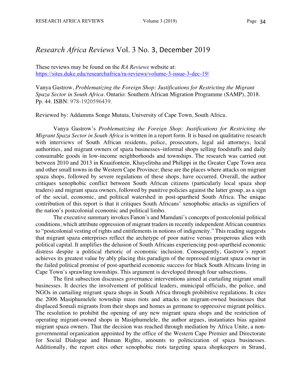 Research Africa Reviews Vol. 3 No. 3, December 2019