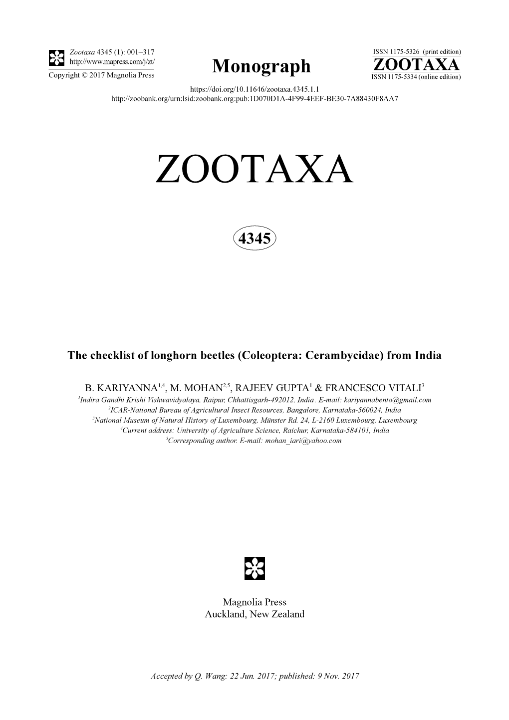 The Checklist of Longhorn Beetles (Coleoptera: Cerambycidae) from India