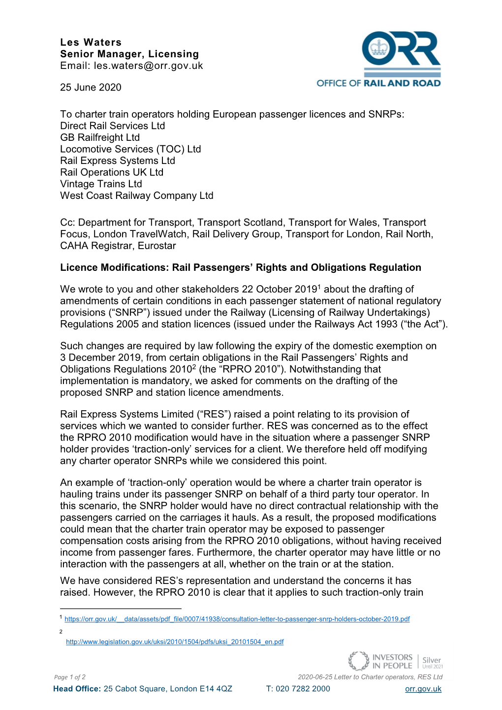 Letter to Charter Train Operators Holding