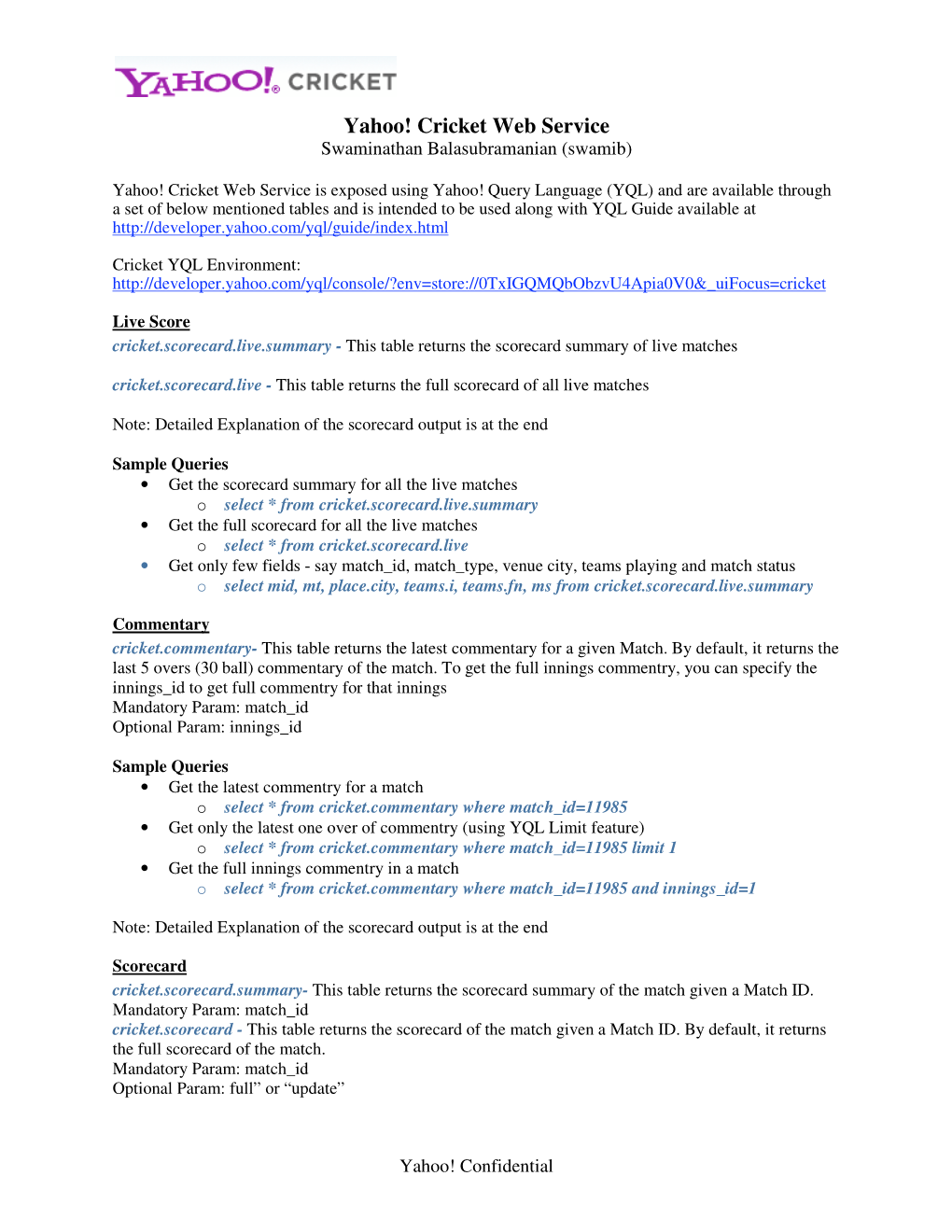 Yahoo! Cricket Web Service Swaminathan Balasubramanian (Swamib)