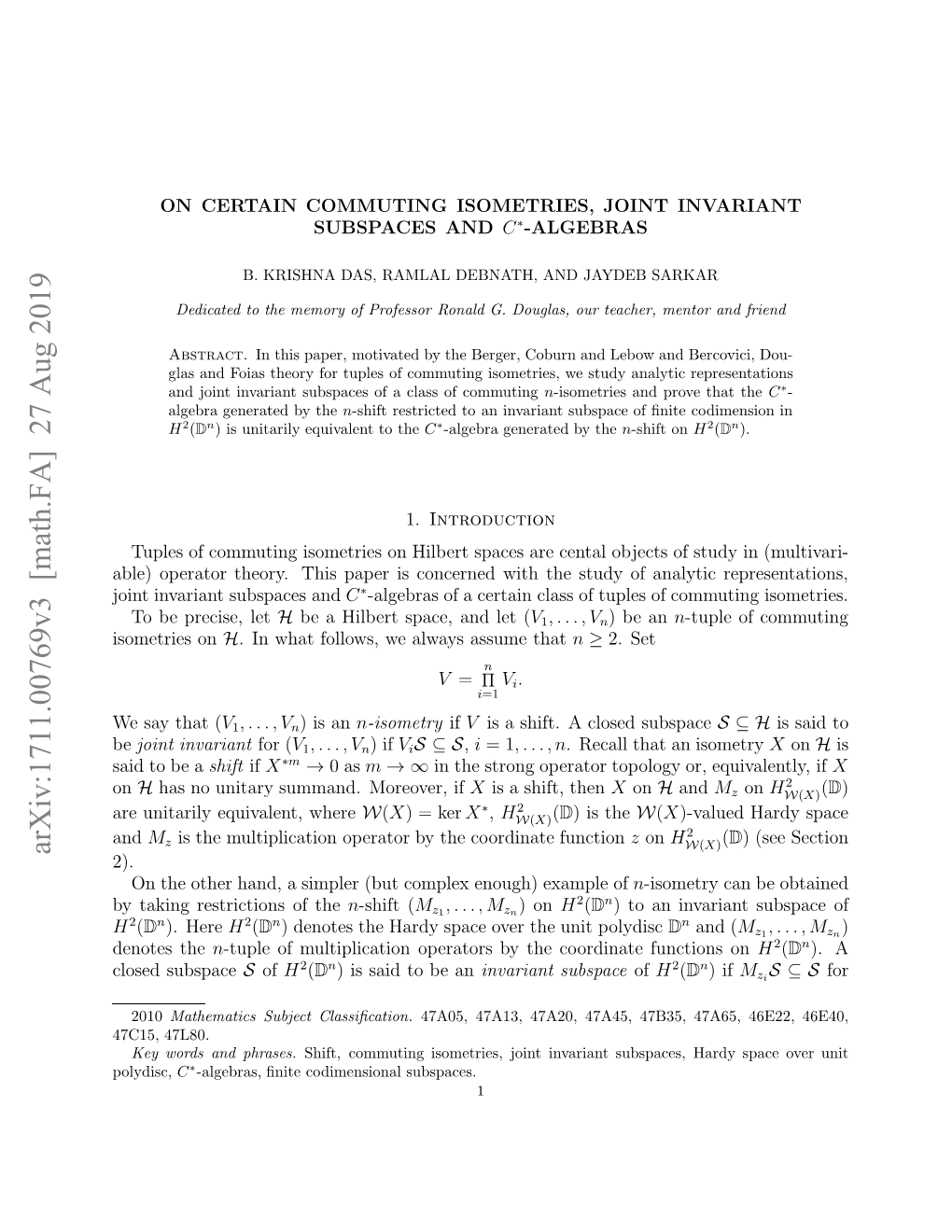 Arxiv:1711.00769V3 [Math.FA] 27 Aug 2019 Esyta ( That Say We Be on H Eoe the Denotes 2)