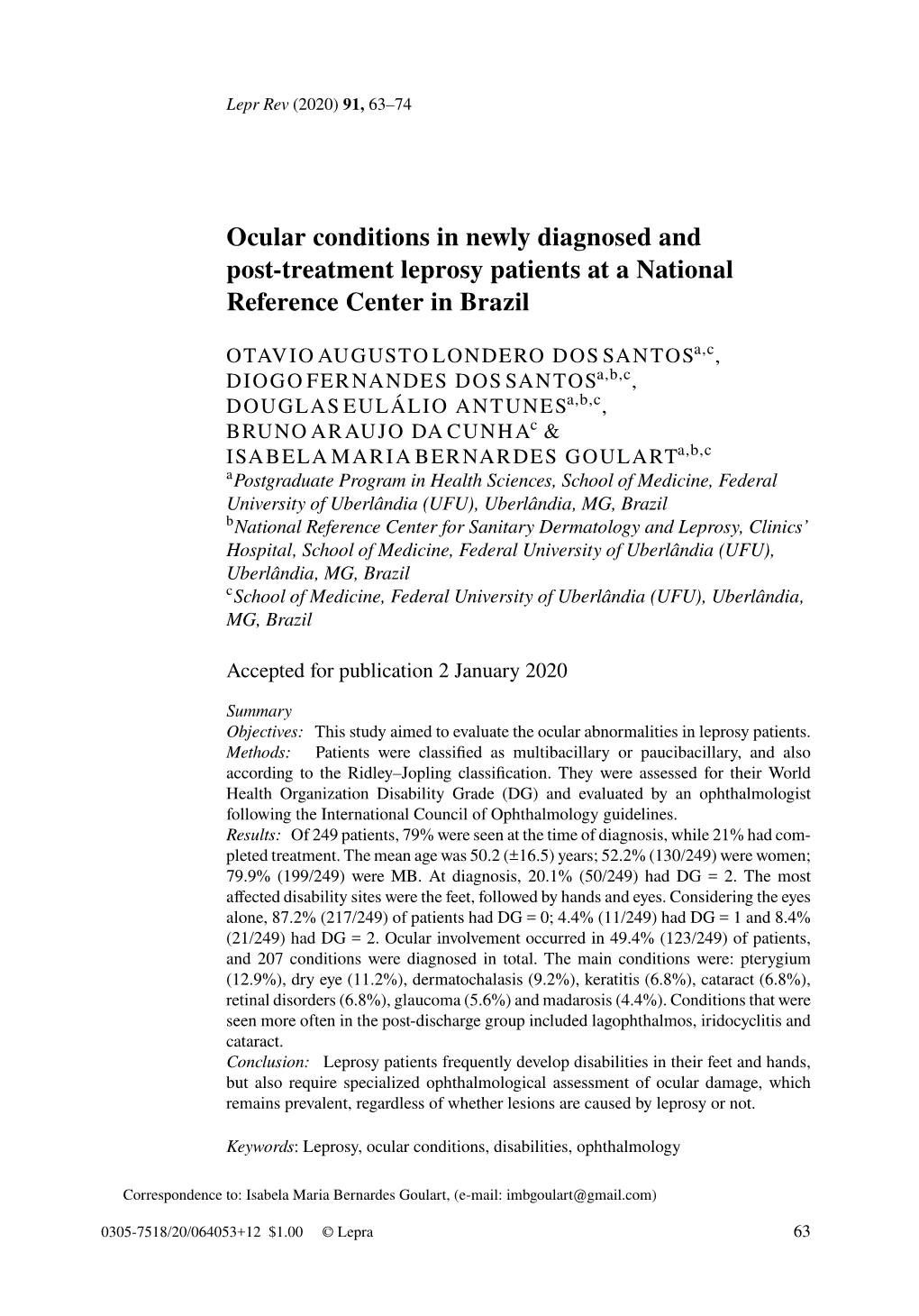 Ocular Conditions in Newly Diagnosed and Post-Treatment Leprosy Patients at a National Reference Center in Brazil