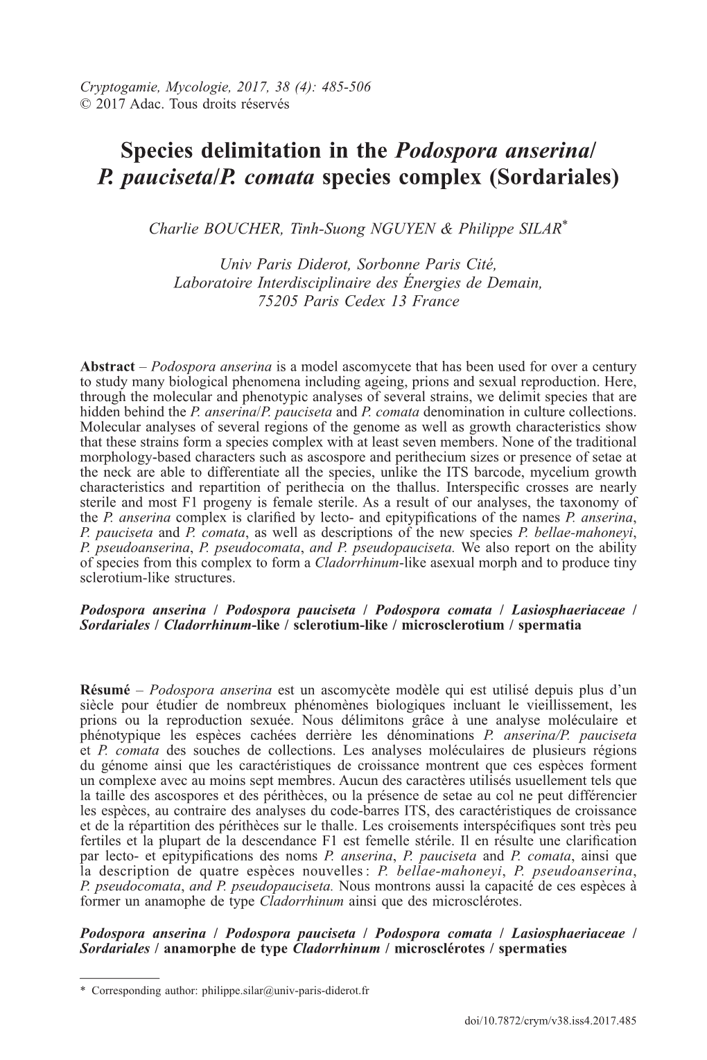 Species Delimitation in the Podospora Anserina/ P. Pauciseta/P. Comata Species Complex (Sordariales)