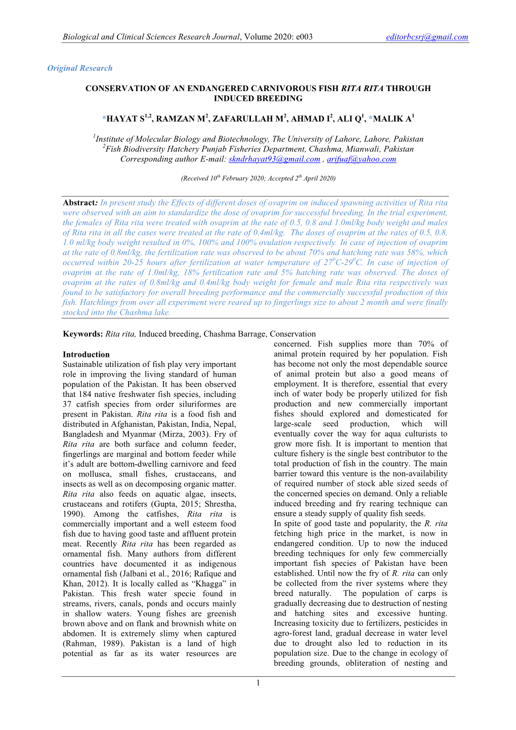 Conservation of an Endangered Carnivorous Fish Rita Rita Through Induced Breeding