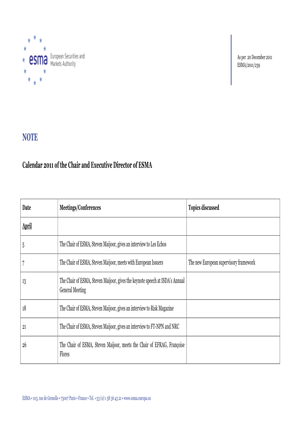 2011 Calendar of the Chair and Executive