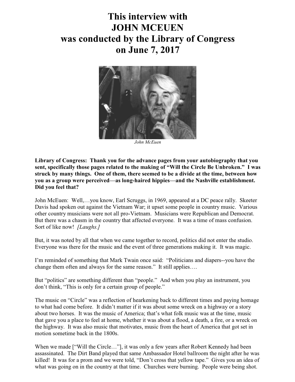 Interview with JOHN MCEUEN Was Conducted by the Library of Congress on June 7, 2017