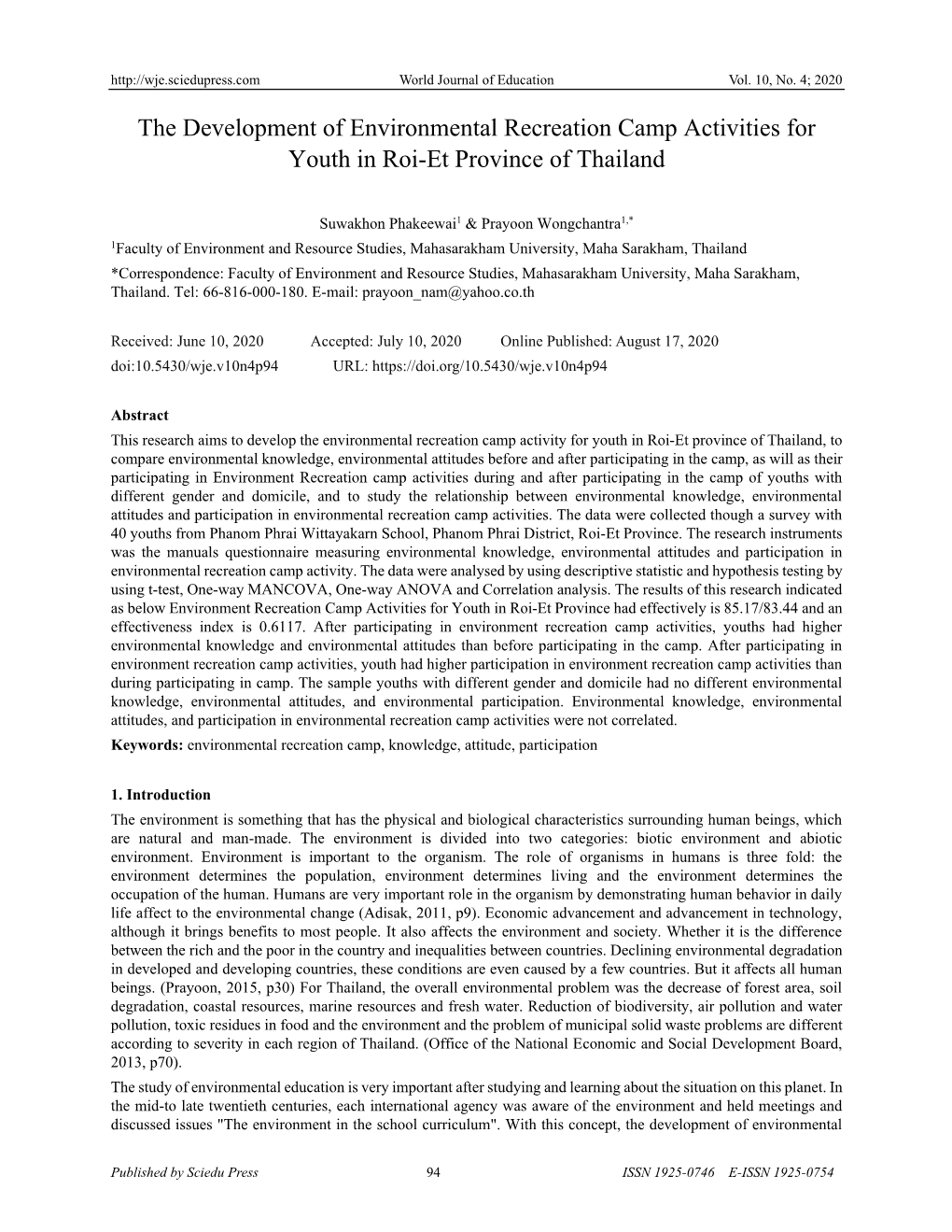 The Development of Environmental Recreation Camp Activities for Youth in Roi-Et Province of Thailand