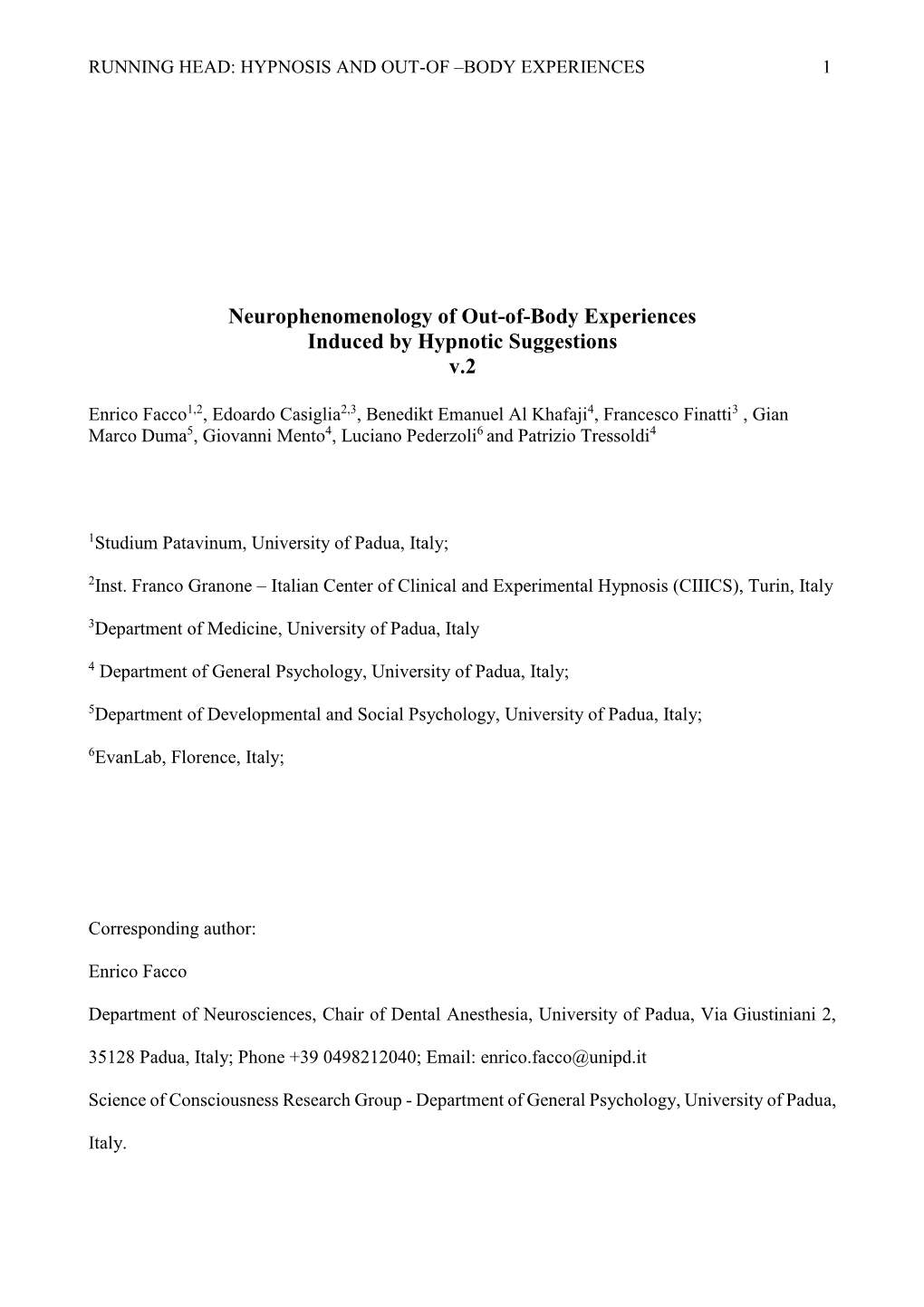 Neurophenomenology of Out-Of-Body Experiences Induced by Hypnotic Suggestions V.2