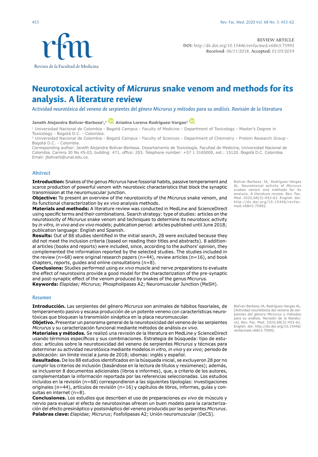 Neurotoxical Activity of Micrurus Snake Venom and Methods for Its Analysis. a Literature Review