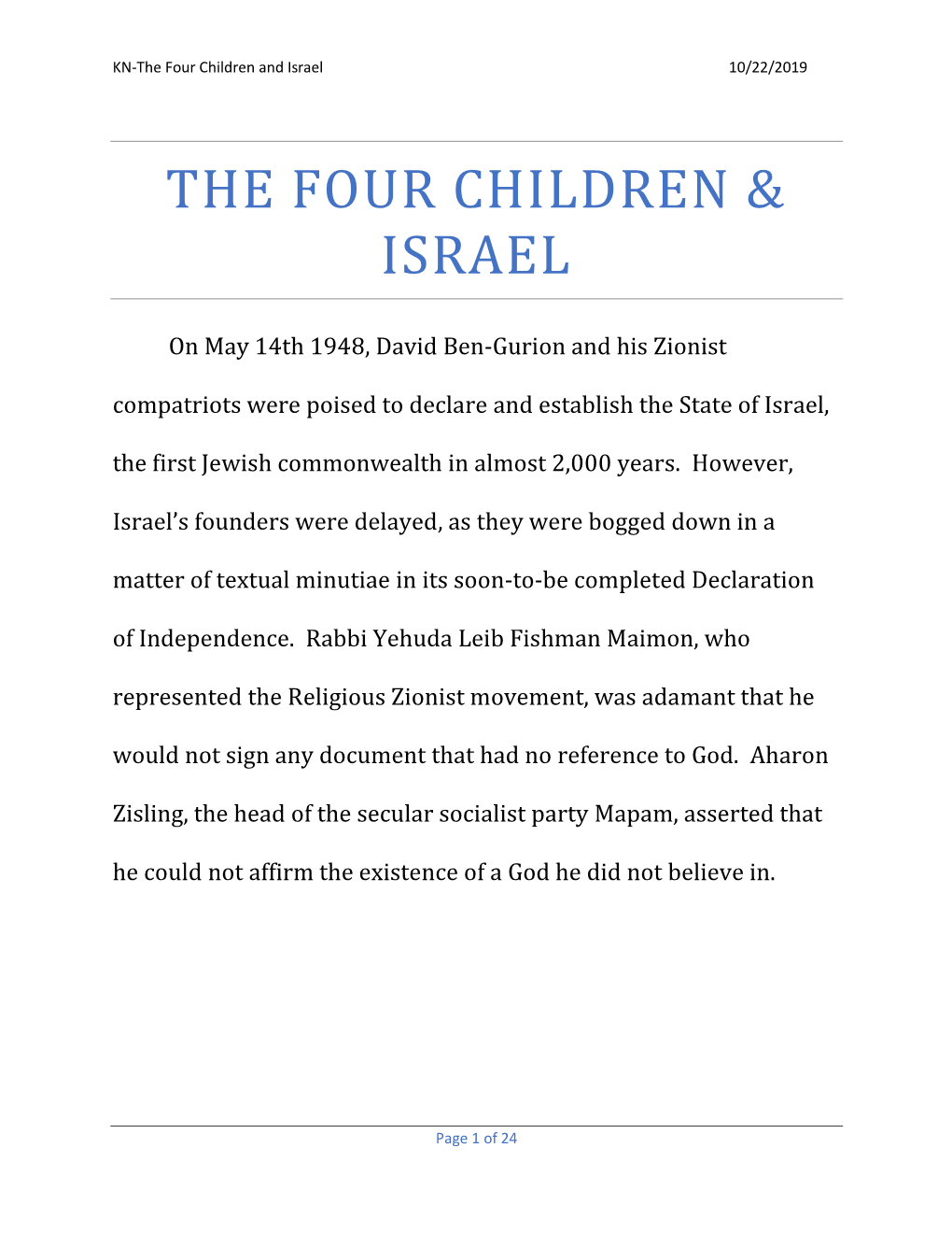 KN-The Four Children and Israel 10/22/2019