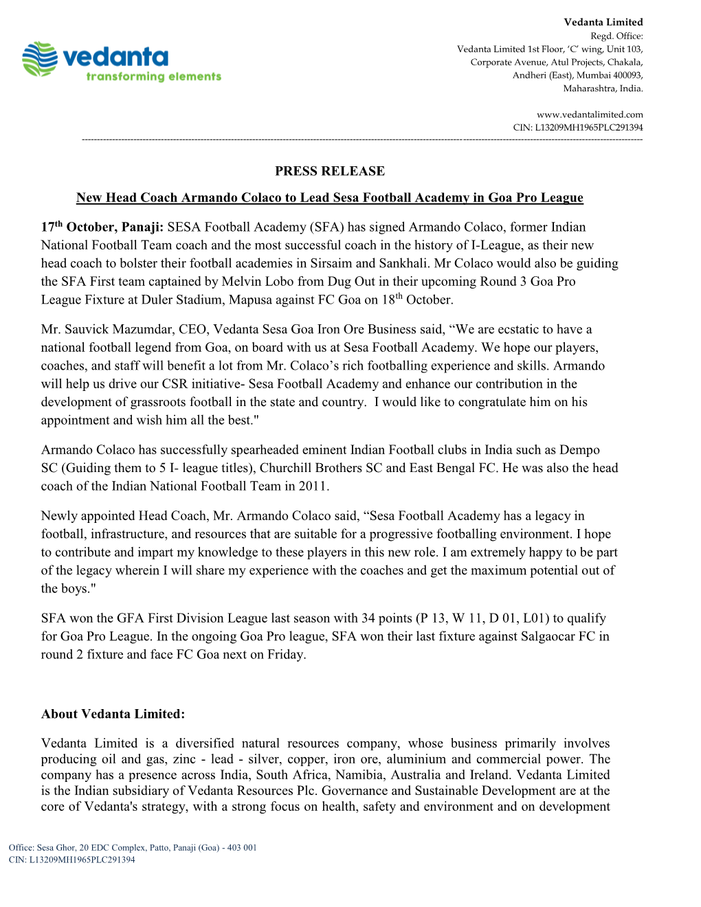 PRESS RELEASE New Head Coach Armando Colaco to Lead Sesa Football Academy in Goa Pro League