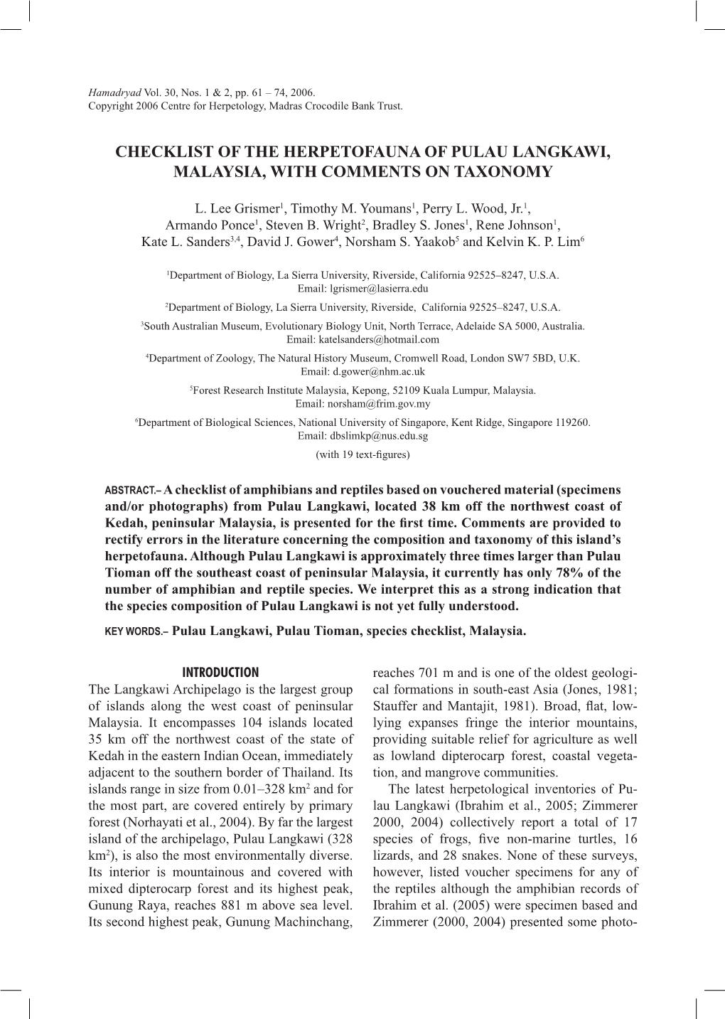 Checklist of the Herpetofauna of Pulau Langkawi, Malaysia, with Comments on Taxonomy