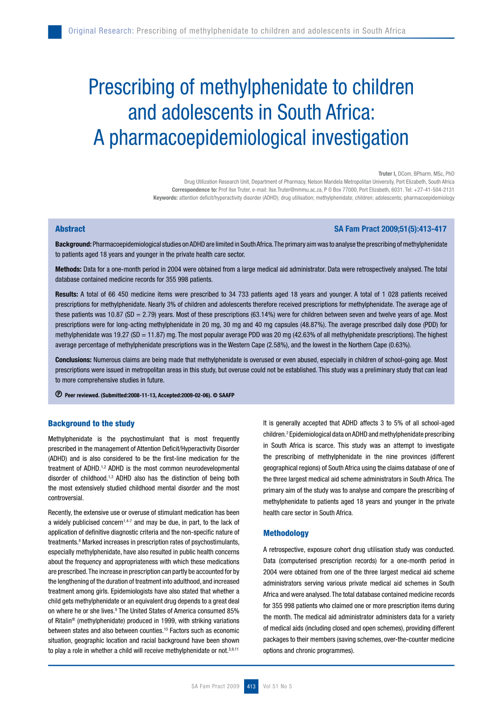 Prescribing of Methylphenidate to Children and Adolescents in South Africa