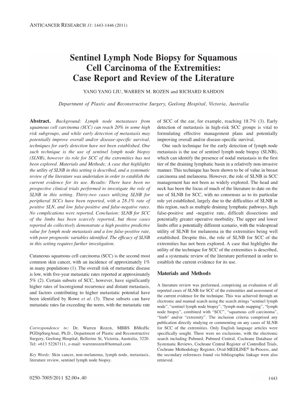 Sentinel Lymph Node Biopsy for Squamous Cell Carcinoma of the Extremities: Case Report and Review of the Literature