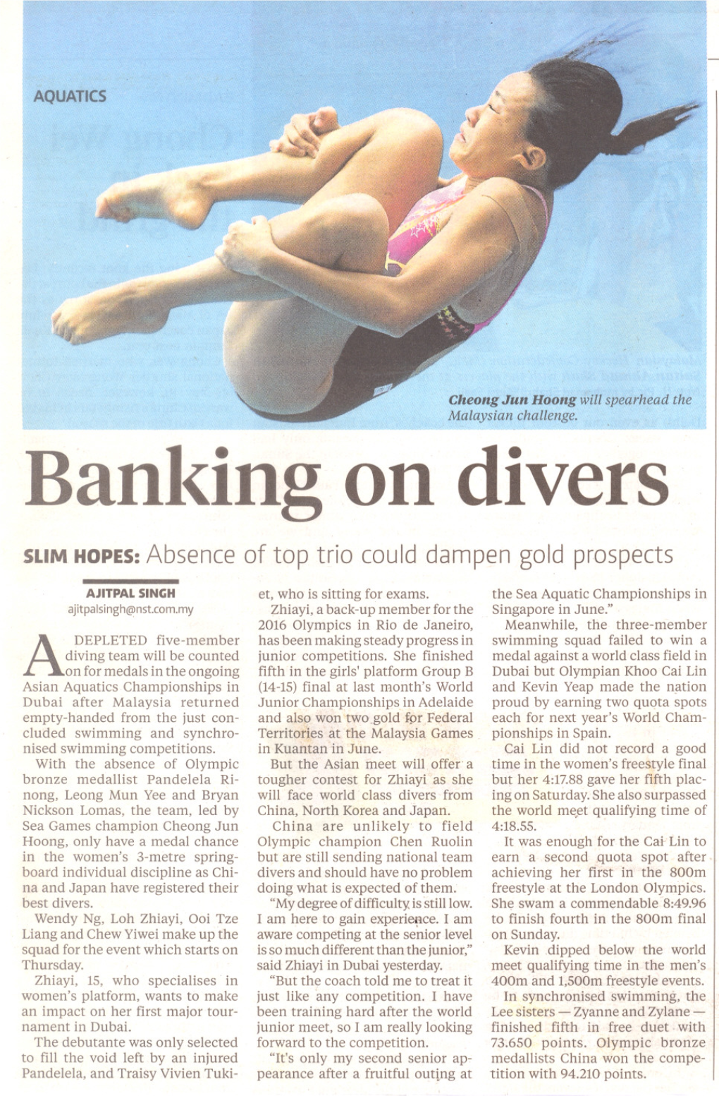 Banking on Divers SLIM HOPES: Absence of Top Trio Could Dampen Gold Prospects