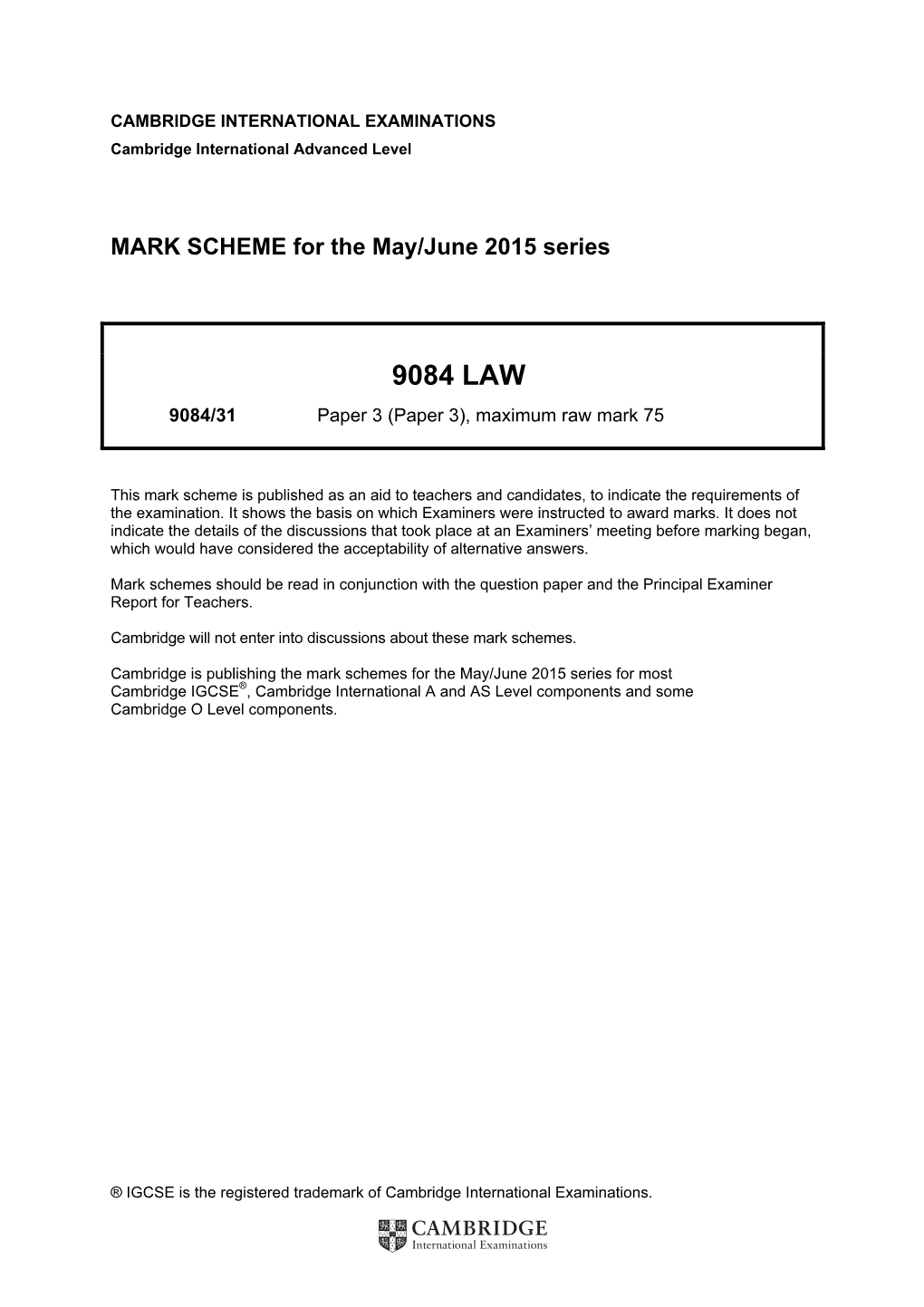 MARK SCHEME for the May/June 2015 Series