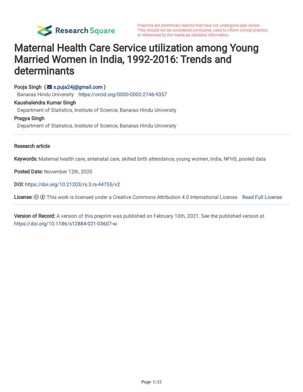 Maternal Health Care Service Utilization Among Young Married Women in India, 1992-2016: Trends and Determinants