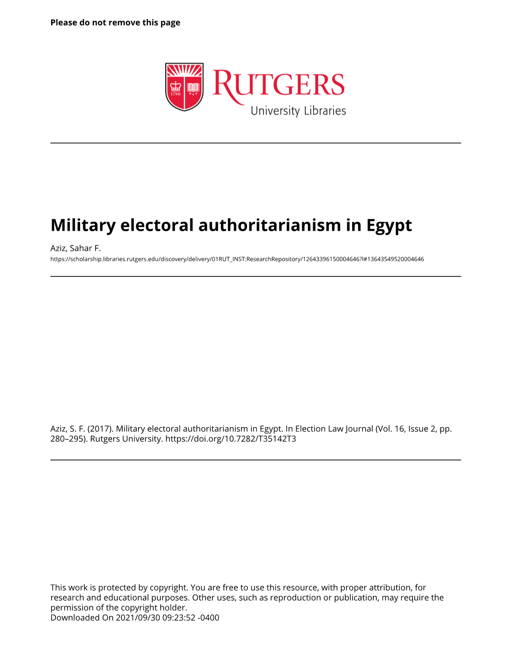 Military Electoral Authoritarianism in Egypt