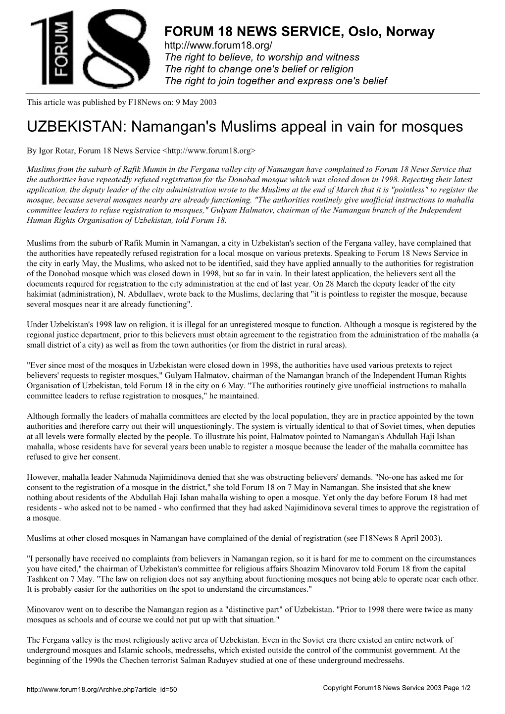 UZBEKISTAN: Namangan's Muslims Appeal in Vain for Mosques